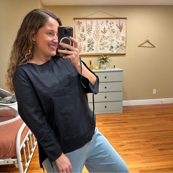 Theory Navy Blue Long Cinch Sleeve Linen Blend Top Blouse Large - Picture 2 of 13